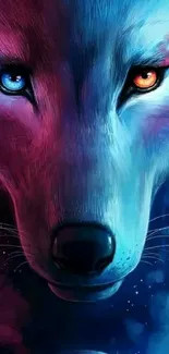 Mystical wolf wallpaper with neon eyes and vibrant colors.