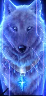 Mystical wolf with blue glow and star necklace on a dark background.