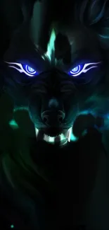 Mystical wolf with glowing blue eyes on a black background.