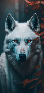 White wolf with red eyes surrounded by foliage in a mystical setting.