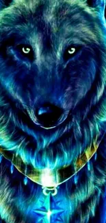 Mystical blue wolf with pendant wallpaper for mobile.