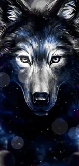 Mystical wolf wallpaper with cosmic blue aura and stars.