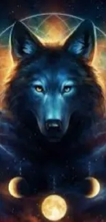 A mystical wolf with glowing eyes and lunar phases on a dark blue background.