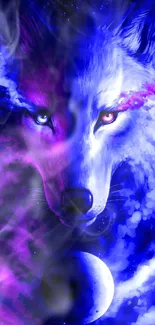 Mystical wolf with blue and purple hues in cosmic background.