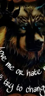 Mystical wolf artwork with motivational quote on a dark background.