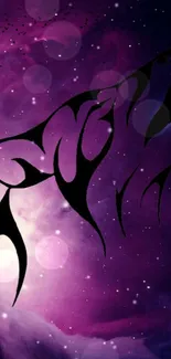 Purple cosmic wallpaper with wolf silhouette.