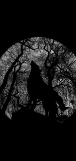 Wolf silhouette howling in the moonlight with forest backdrop.