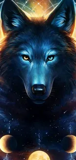 Mystical wolf with cosmic background art.