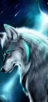 Mystical wolf with teal glow in cosmic night sky.