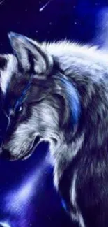 Mystical wolf with cosmic background in deep blues and celestial accents.