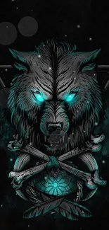 Mystical wolf on black wallpaper with glowing blue eyes and tribal accents.