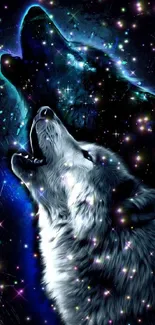 Mystical wolf howling under a starry, cosmic night sky on mobile wallpaper.