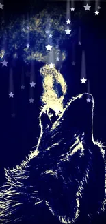 Mystical wolf howling under starry night sky in dark blue wallpaper.