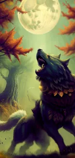 Mystical wolf howling under a full moon in a forest setting.