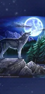 Mystical wolf howling under a full moon in a forest scenery.