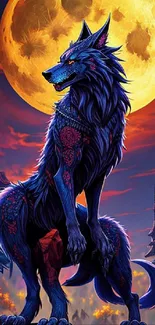 Mystical wolf beneath a bright full moon in a vibrant digital artwork.