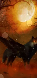 Winged wolf under a glowing full moon with a mystical orange glow.