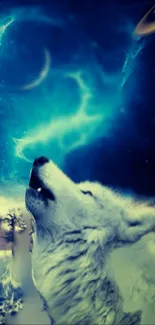 Mystical wolf howling under a vibrant galaxy sky.