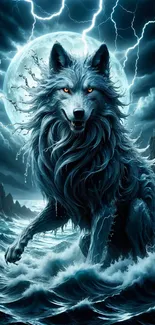 Majestic wolf with fiery eyes in a stormy sea under a glowing moon.