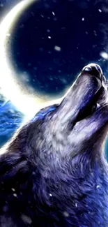 Howling wolf under crescent moon at night, blue tones, mystical ambience.