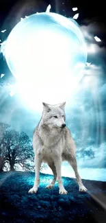 Mystical wolf standing under a bright moon with a blue-sky backdrop.