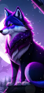 Illustrated wolf sits under moonlight with purple hues.