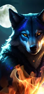 Mystical wolf under moonlight with vibrant flames at night.