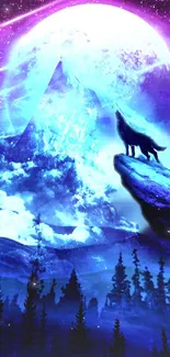 Mystical wolf howling at the moon over a cosmic, blue landscape.