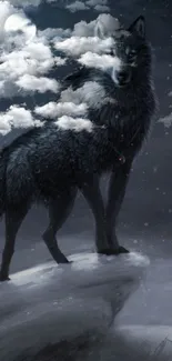 Majestic wolf standing under moonlit sky on a snowy rock.