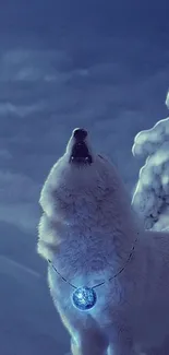 Wolf howling under a mystical moonlit sky, wearing glowing pendant.