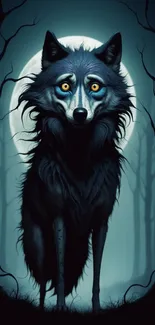 Mystical wolf in a moonlit forest wallpaper.