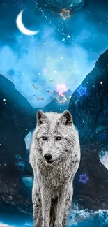 Wolf under a starry moonlit sky wallpaper.