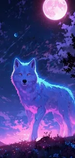 Mystical wolf beneath a pink moonlight sky, emitting a magical aura.