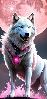 Mystical white wolf standing under a glowing pink full moon in a night scene.