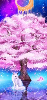 White wolf sits under a sakura tree with a cosmic sky backdrop.