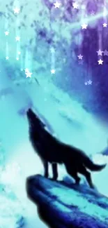 Silhouette of a wolf howling under a starry, mystical sky with aqua blue hues.