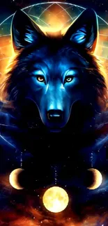 Mystical wolf with celestial symbols in a cosmic blue design.