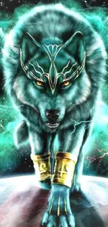 Mystical wolf with glowing teal aura on digital wallpaper.