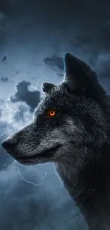 Black wolf with orange eyes under stormy sky.