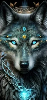 Mystical wolf with glowing blue eyes and intricate design in art wallpaper.