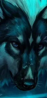 Enigmatic wolf with teal fur in fantasy setting.