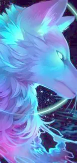 A mystical wolf with neon colors and celestial elements in digital art style.