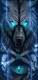 Mystical wolf with glowing eyes on dark background wallpaper.