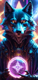 Mystical wolf holding a glowing orb with neon colors.