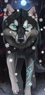 Mystical wolf in snowy forest wallpaper with moonlight and snowflakes.