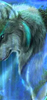 Mystical wolf with blue glow alongside waterfalls and greenery.