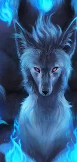 Mystical wolf with glowing blue flames wallpaper.