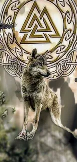 A mystical wolf with Celtic patterns and forest backdrop.