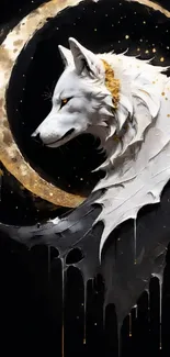 White wolf with golden moon on dark background mobile wallpaper.