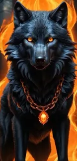 Mystical wolf with fiery aura and necklace in forest.